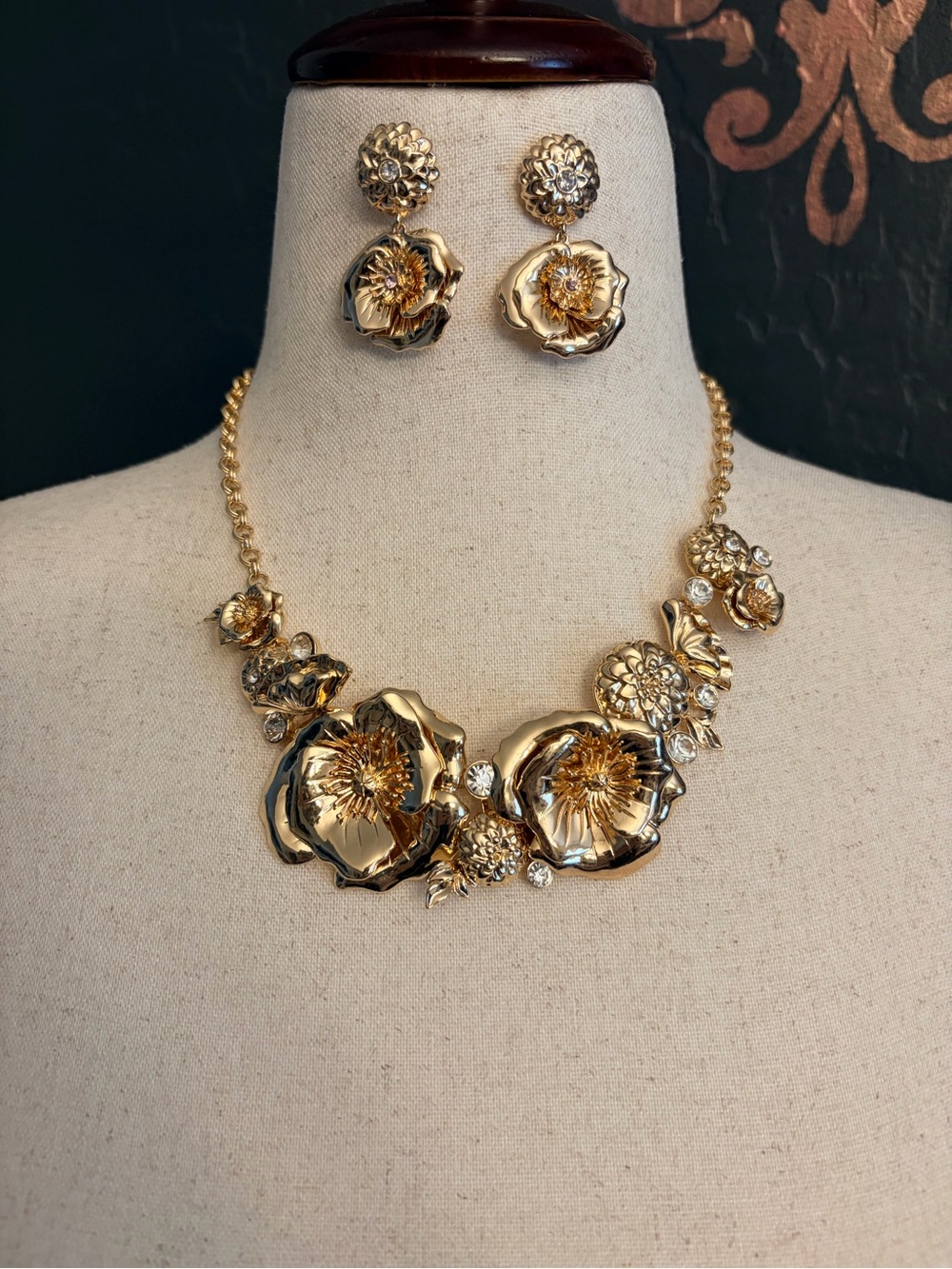 Guess Gold Floral Statement Necklace and Earrings Set